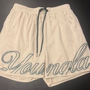 YoungLA Cream Mesh Shorts with Dark Green Accents